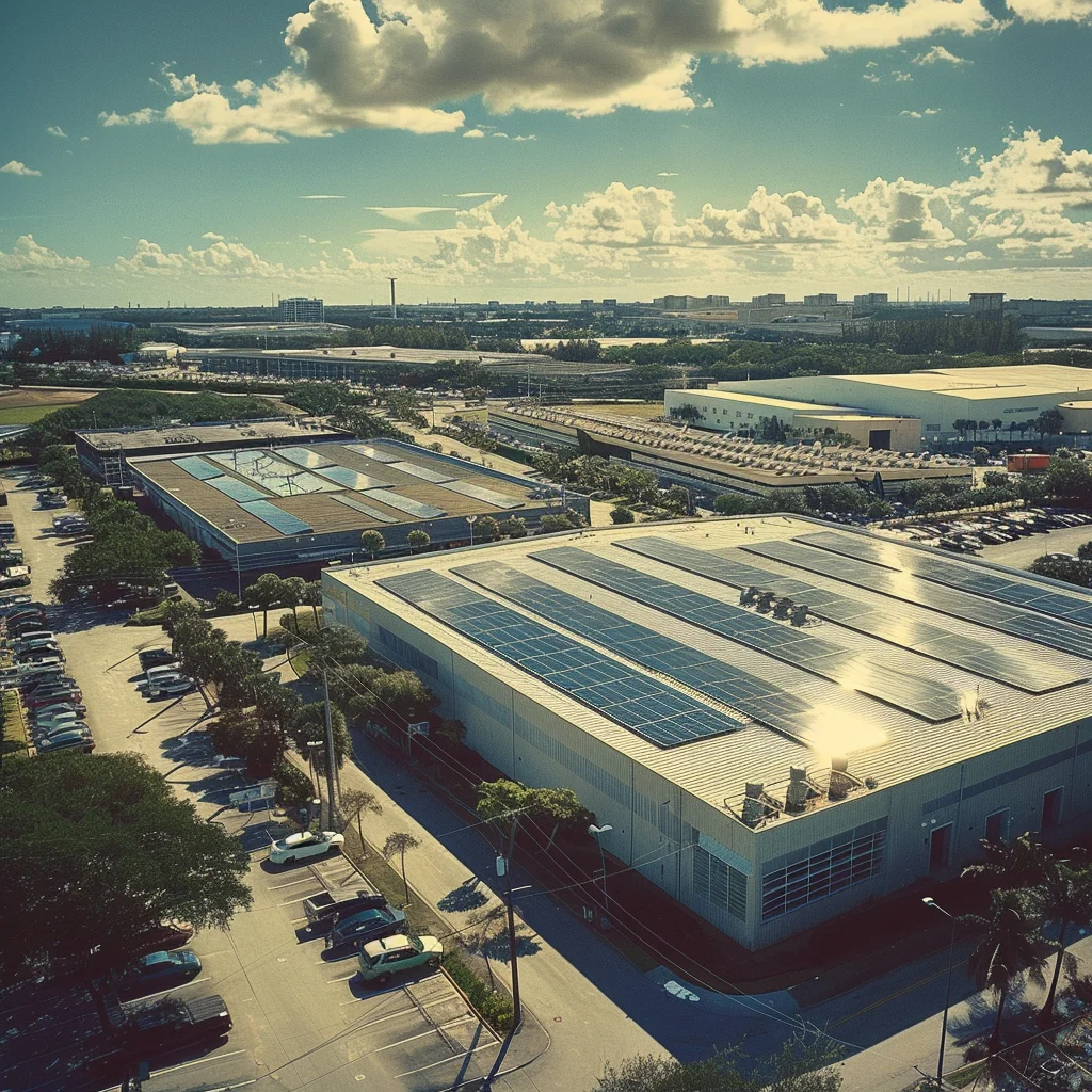Warehouse in florida with solar panels on the roof.